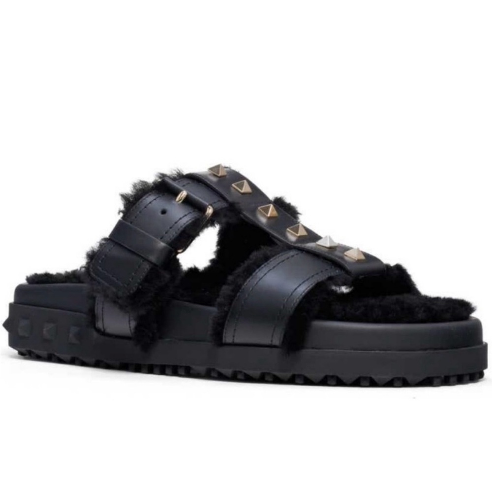 Valentino Rockstud Shearling Slides